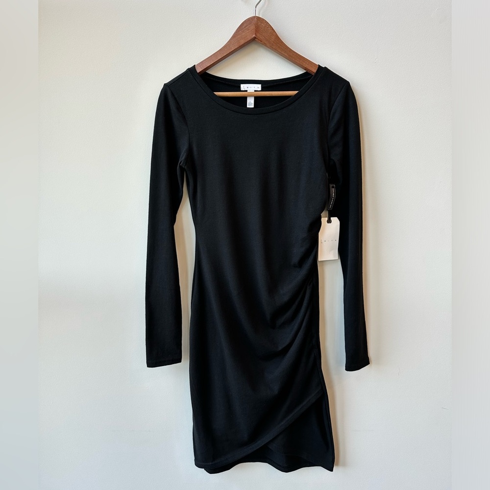 Leith Ruched Long Sleeve Dress (Small, black)
